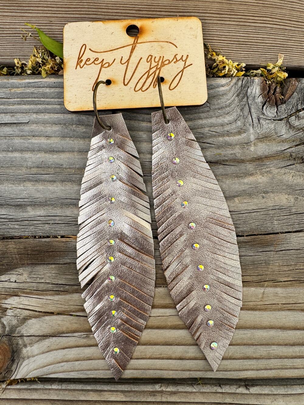 Keep It Gypsy Leather Feather Earrings Rhinestone Fringe Western Boho